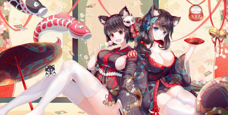 Konachan.com - 257810 2girls animal aqua_eyes azur_lane bell breasts candy catgirl cleavage dog drink food kimono long