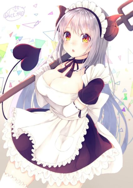 yande.re 419475 chita_(ketchup) cleavage horns maid tail weapon
