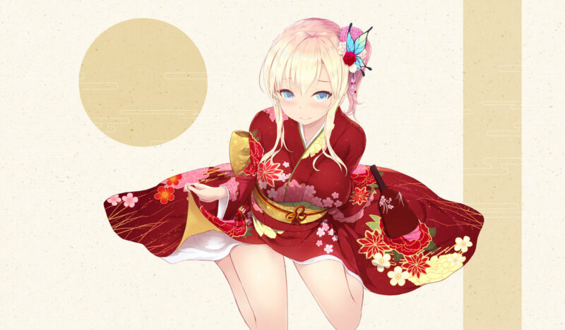 konachan.com - 259810 aqua_eyes blonde_hair blush bow breasts butterfly cait flowers japanese_clothes kashiwazaki_sena kimon