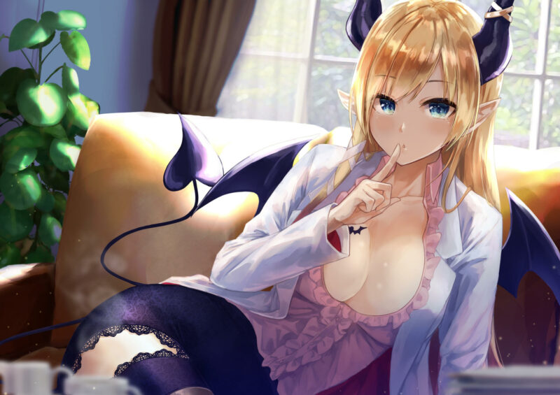 Konachan.com%20-%20284001%20blonde_hair%20blue_eyes%20breasts%20cleavage%20couch%20hololive%20horns%20konkito%20pointed_ears%20tail%20tattoo%20thighhighs%20wings%20yuzuki_choco