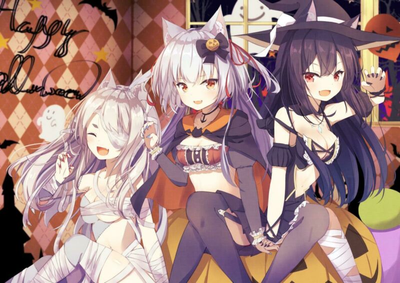 Konachan.com%20-%20293071%20aliasing%20animal%20azur_lane%20bandage%20bat%20bow%20breasts%20cape%20catgirl%20cleavage%20doggirl%20fang%20halloween%20hat%20navel%20necklace%20red_eyes%20ribbons%20stockings%20witch_hat